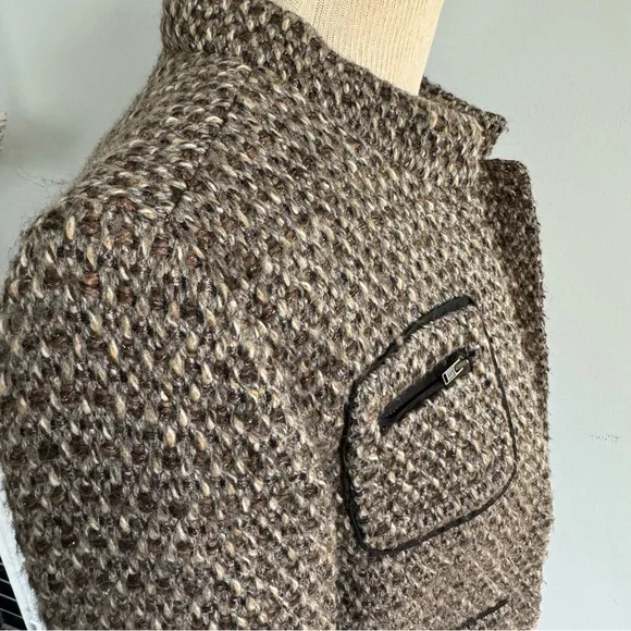 J.CREW metallic tweed & faux leather snap front blazer jacket tan cream black